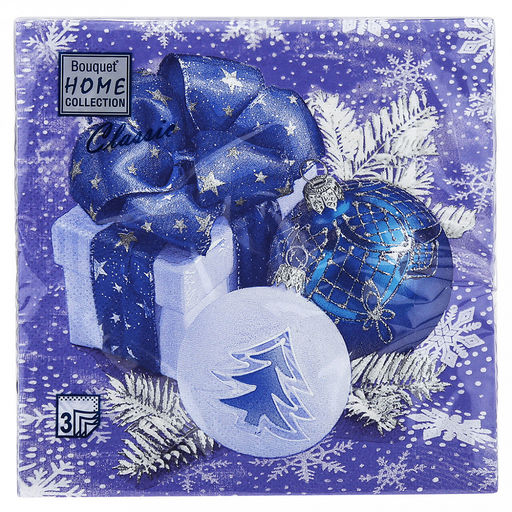 Салфетки бумажные "Bouquet Home Collection Classic" 33х33см, 3-х слойные, 20 штук в упаковке, 100% целлюлоза, "Новогодняя коллекция синяя" (Россия)