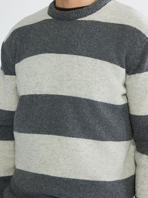 Bisiklet Yaka ?izgili Y?n Kar???ml? Erkek Triko Kazak