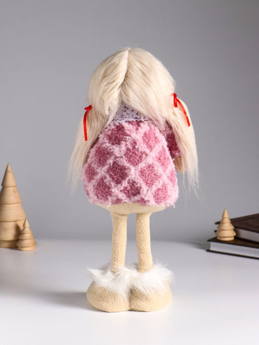 Интерьерная кукла текстильная Малышка с хвостиками в розовом платье с сердцем, 14?8.5?32 см