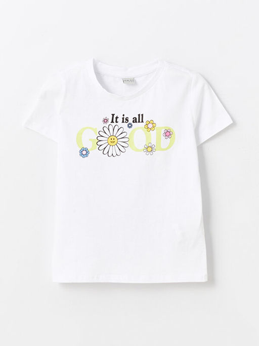 Bisiklet Yaka Bask?l? K?sa Kollu K?z ?ocuk Ti??rt ve ?ort - Waikiki фото 2