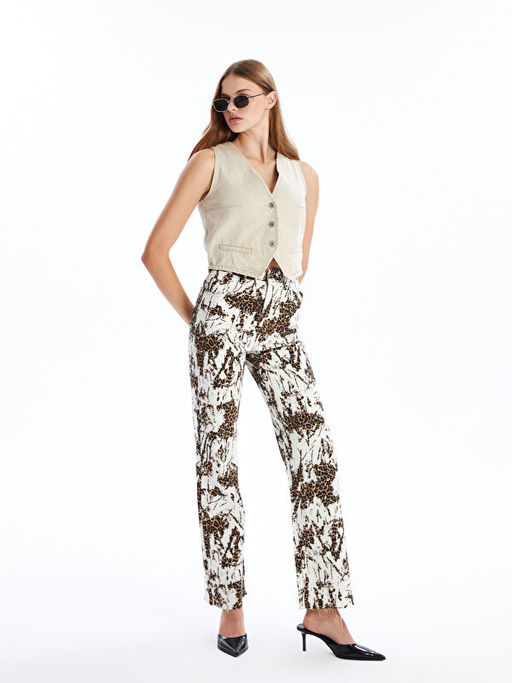Standart Fit Leopar Desenli Kad?n Pantolon