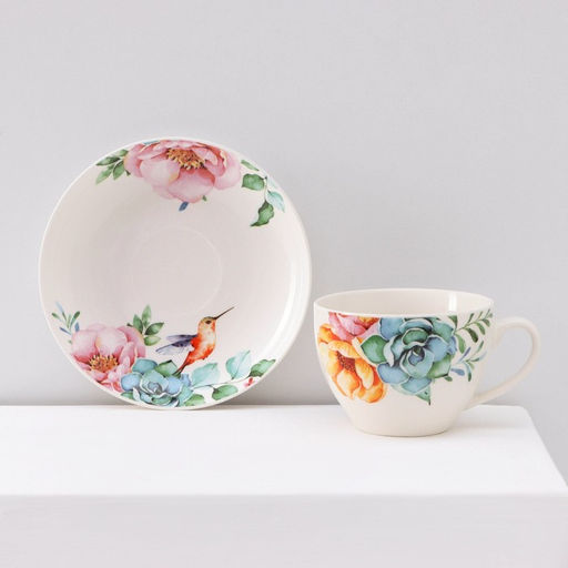 Сервиз чайный Доляна Пташка, 12 предметов: 6 чашек 250 мл, 6 блюдец d=15 см, фарфор, белый