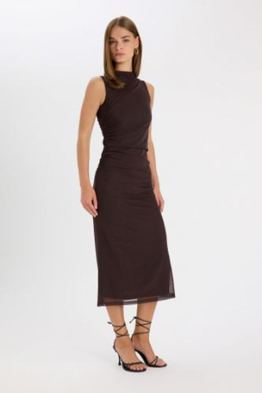 Bodycon Vucudu Saran Yar?m Bal?kc? Yaka Basic Duz Tul Kolsuz Maxi Elbise