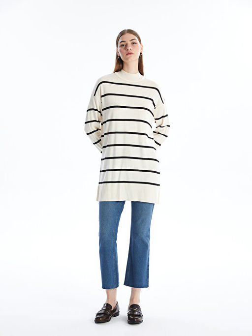 Yar?m Bal?k?? Yaka ?izgili Uzun Kollu Kad?n Triko Tunik