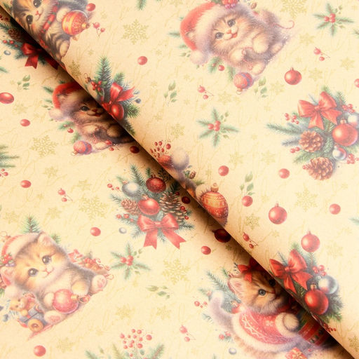 Цена за 10 шт. Бумага упаковочная новогодняя Котик, бурый крафт, 80 г/м?, 50?70 см