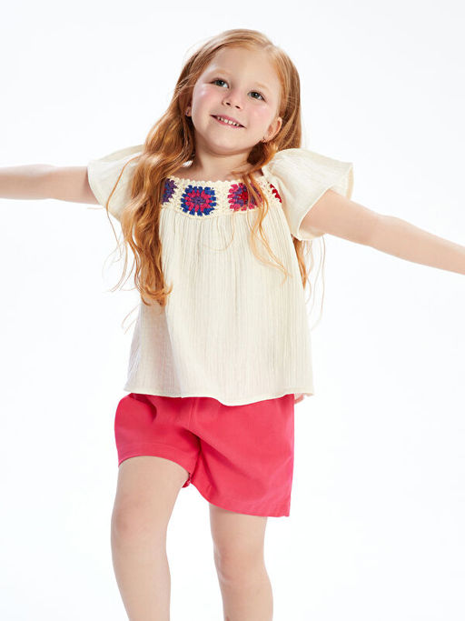 ?i?ek Nak??l? K?z ?ocuk Bluz ve ?ort Etek 2li