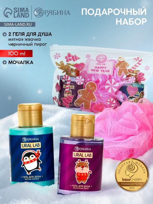 Подарочный набор новогодний, косметичка, гель для душа 2 шт. ? 100 мл и мочалка для тела, URAL LAB