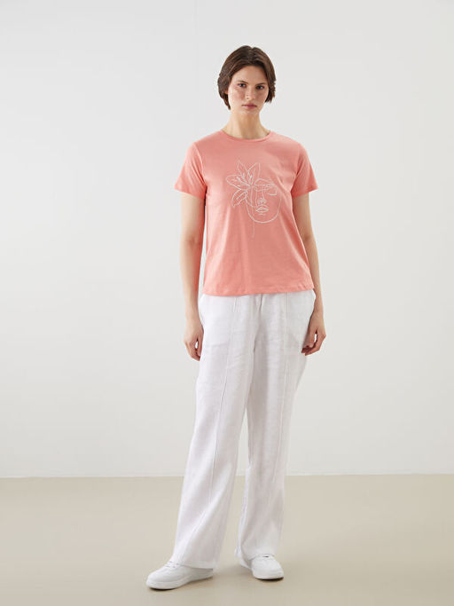 Bisiklet Yaka Bask?l? Penye Kad?n Ti??rt