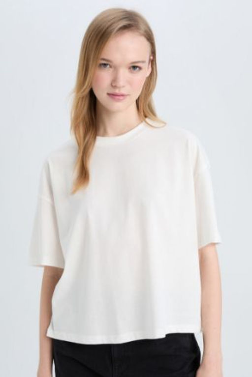Coool Loose Fit Bisiklet Yaka Basic Duz Kal?n Kumas K?sa Kollu Tisort