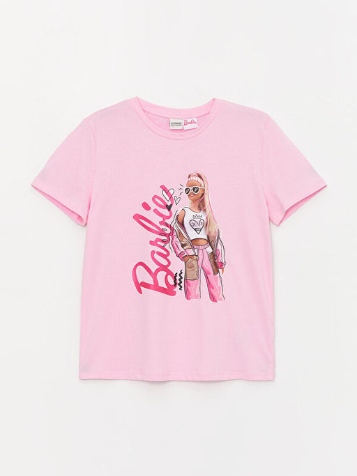 Bisiklet Yaka Barbie Bask?l? K?sa Kollu K?z ?ocuk Ti??rt