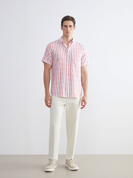 Regular Fit K?sa Kollu ?izgili Poplin Erkek G?mlek