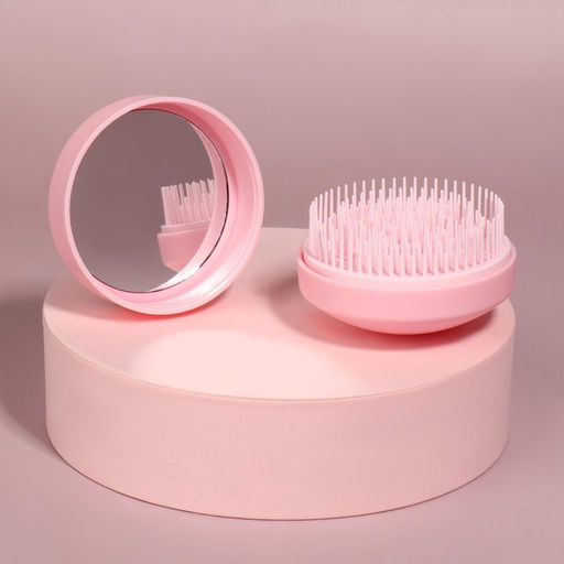 Расчёска массажная, круглая, складная, с зеркалом, d=7.5 см, розовая