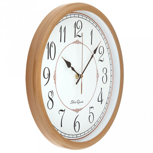 Часы настенные "Гран-маркиз" д31-33см, h5,4см, мягкий ход, циферблат белый; цифры арабские, черный; корпус пластик, бежевый "под дерево", в коробке (Китай)