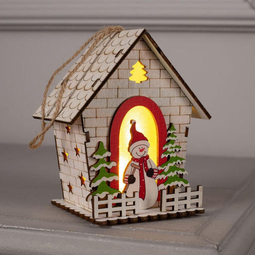 Ёлочная игрушка Домик со снеговиком, 12 см, 1 LED, от батареек, свечение тёплое белое - Luazon lighting фото 2