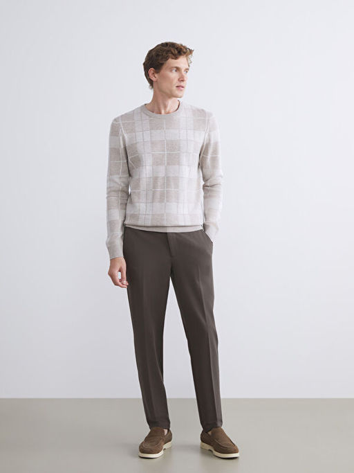 B?y?k Beden Bisiklet Yaka Uzun Kollu Ekose Erkek Triko Kazak