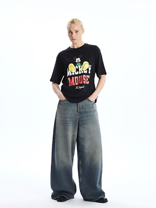 Mickey Mouse Bask?l? Oversize Kad?n Ti??rt