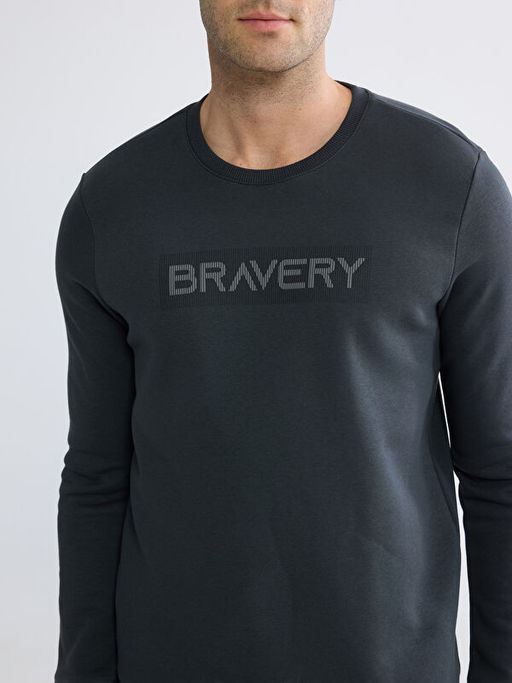 Bisiklet Yaka Bask?l? Erkek Kal?n Sweatshirt