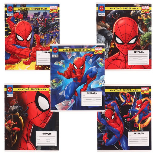 Цена за 20 шт. Тетрадь в клетку 12 листов, 5 видов МИКС, обложка мелованный картон, «Человек-паук»