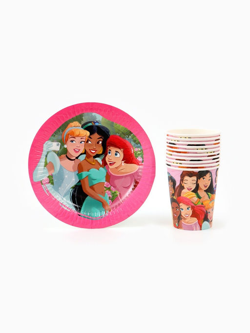 Посуда одноразовая бумажная на 10 персон: стаканы, тарелки, скатерть, Принцессы