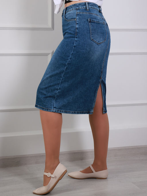 Юбка джинсовая миди прямая для полных - Almond фото 4