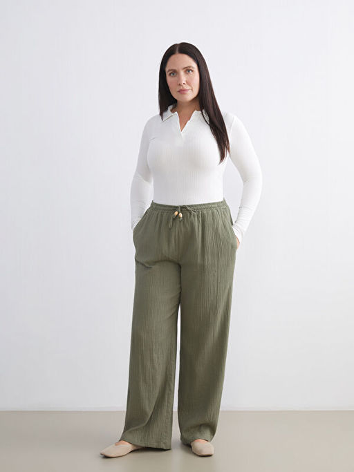 B?y?k Beden Beli Lastikli Dokulu M?slin Kad?n Pantolon