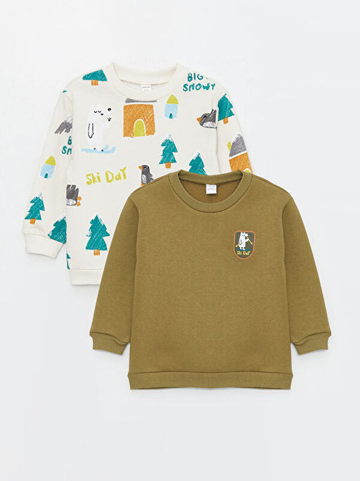 Bisiklet Yaka Bask?l? Uzun Kollu Erkek Bebek Sweatshirt 2li