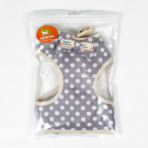 Комплект с мягкой шлейкой Горох, размер S, поводок 120 х 1,5 см, ОГ 28-62 см, серый - Пижон фото 9