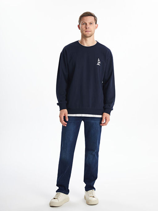 Bisiklet Yaka Uzun Kollu Bask?l? Erkek Sweatshirt