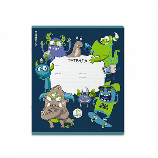Цена за 10 шт. Тетрадь школьная ученическая ErichKrause Monsters, 12 листов, клетка (в плёнке по 10 шт.)_MIX-PACK  фото 5