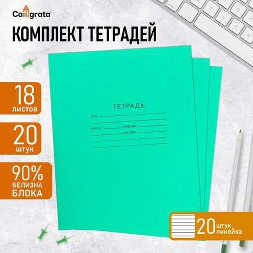 Набор тетрадей 18 листов в линейку Зелёная обложка, белые листы, 20 шт.