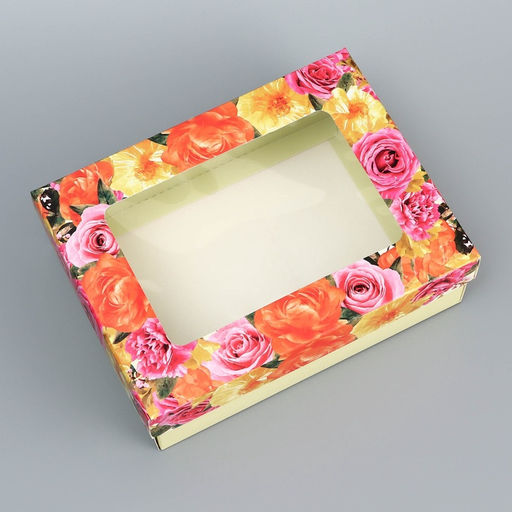 Цена за 2 шт. Коробка складная, крышка-дно, «Цветочки», 16.5×12.5×5.2 см с окном