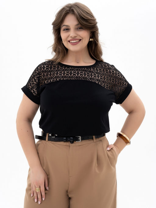 Футболкас КРУЖЕВОМ хлопок 95%, лайкра 5%,черная - Binita фото 8