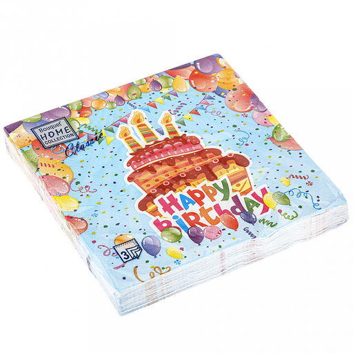 Салфетки бумажные "Bouquet Home Collection Classic" 33х33см, 3-х слойные, 20 штук в упаковке, 100% целлюлоза, "С днем рождения" (Россия)