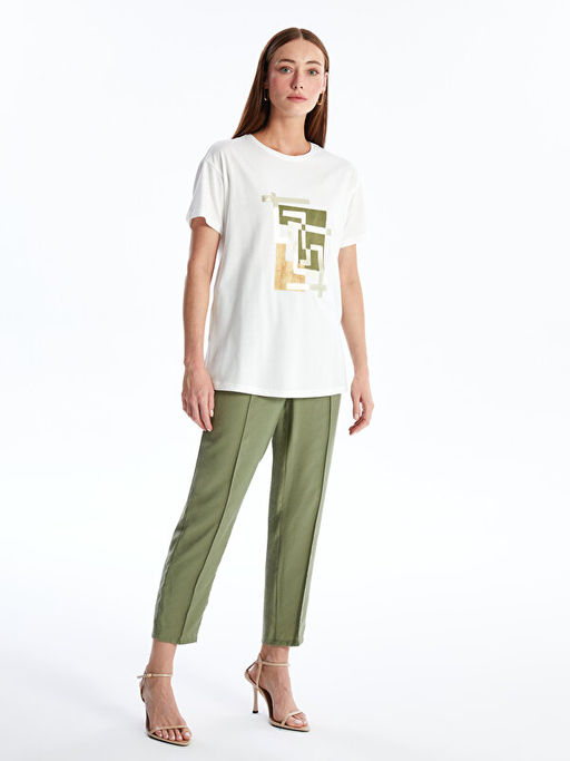 Bisiklet Yaka Bask?l? K?sa Kollu Kad?n Ti??rt