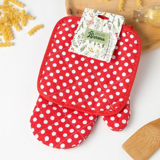 Кухонный набор 2 прихватки Доляна Горох , прихватка 17х17 см, рукавица 26х16 см, 100% п/э  фото 2