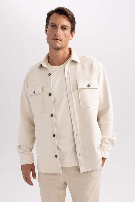 Замшевая куртка-рубашка стандартного кроя с воротником-поло и длинными рукавами - Defacto фото 4