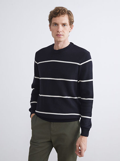 Bisiklet Yaka Uzun Kollu ?izgili Erkek Triko Kazak