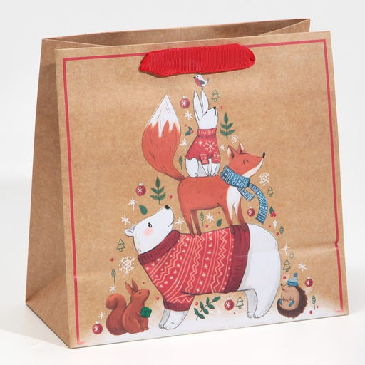 Цена за 2 шт. Пакет подарочный новогодний крафтовый квадратный «Друзья», 22×22×11 см