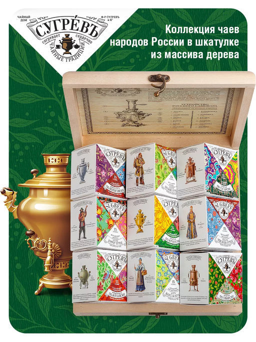 Чай Шкатулка "Народы России": 9 купажей чая, вкладыш со схемой устройства русского самовара