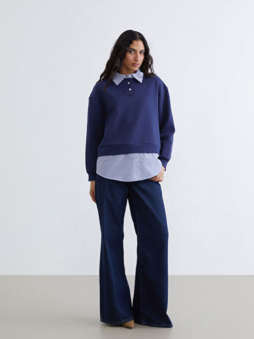 G?mlek Yaka ?izgili Kad?n Kal?n Sweatshirt Tunik