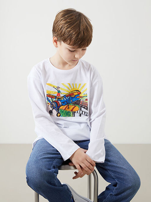 Bisiklet Yaka Bask?l? Unisex ?ocuk Ti??rt