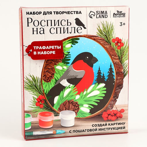 Роспись по дереву на новый год для детей. Рисование на спиле «Снегирь», набор для творчества