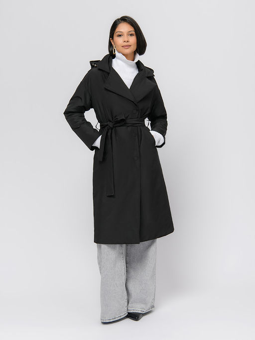Плащ черного цвета с поясом и отложным воротником - 1001dress фото 3