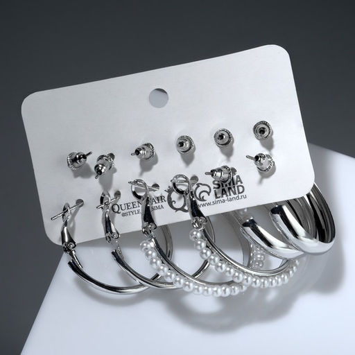 Серьги-кольца набор 6 пар Юность жемчужинки, цвет белый в серебре, d=3 - Queen fair фото 2