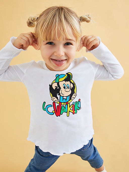 Bisiklet Yaka Uzun Kollu Nostaljik Maymun Bask?l? K?z Bebek Ti??rt - Waikiki фото 3