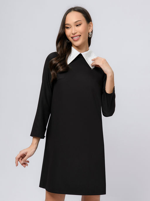 УЦЕНКА. Платье черное длины мини с белыми манжетами и воротником - 1001dress фото 4