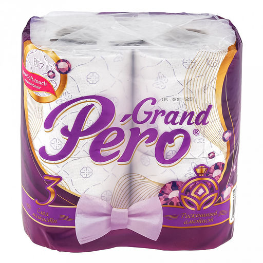 Туалетная бумага 3-х слойная "GrandPero", 4 рулона в упаковке, "Роскошный аметист", целлюлоза 17г/м2, 15,5м/рулон, 116 листов 14х9,5см, белый с цветным прокрасом (Россия)