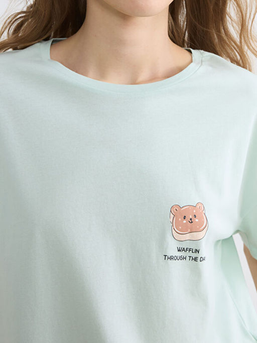 Bisiklet Yaka Bask?l? Kad?n ?ortlu Pijama Tak?m?