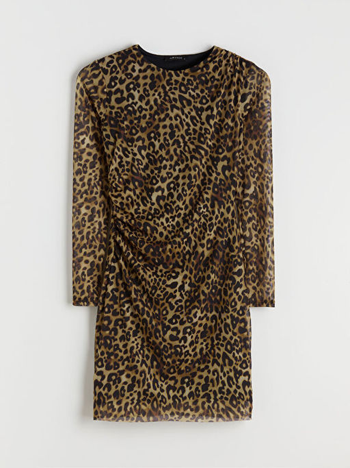Bisiklet Yaka Leopar Desenli B?zg?l? Mini Elbise