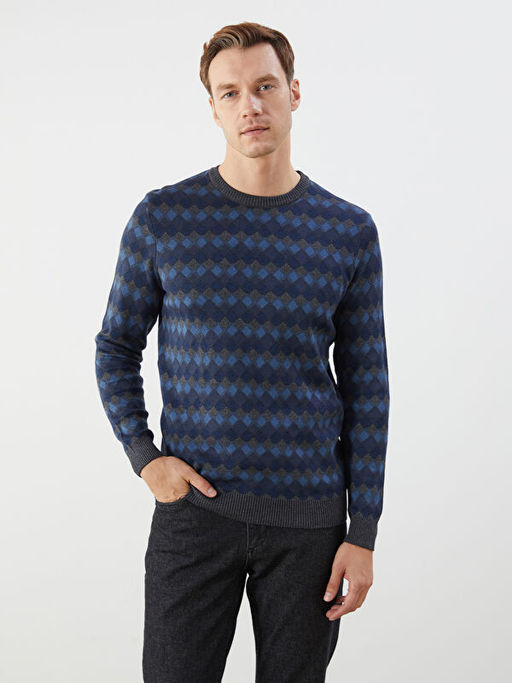 Bisiklet Yaka Uzun Kollu Baklava Desenli Erkek Triko Kazak